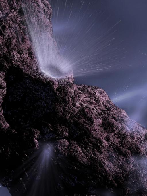 Darstellung auf einer Grafik: Ein Raumfahrzeug rast auf einen Kometen zu und nimmt ihn unter Beschuss - mit einer Art Kanonenkugel, die ein riesiges Loch in den Schweifstern schlägt.