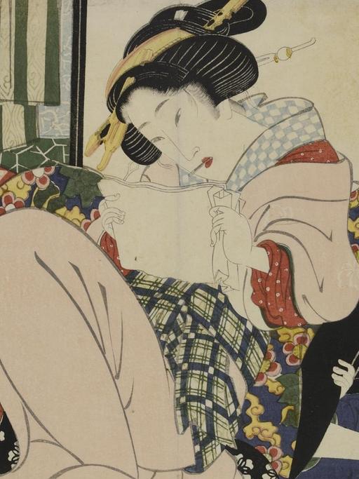 Farbholzschnitt "Liebespaar" von Keisai Eisen. Das Bild ist in der Ausstellung "Hokusai x Manga" zu sehen.