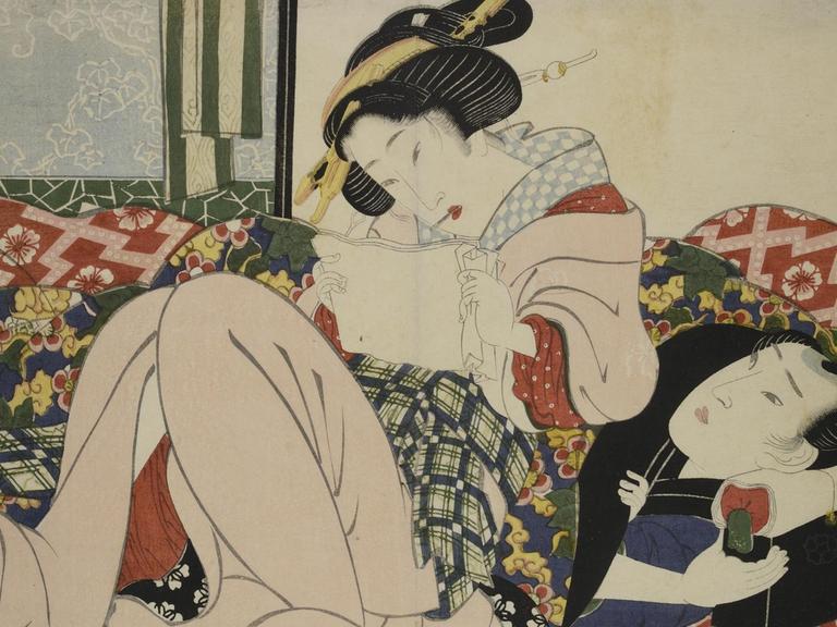 Farbholzschnitt "Liebespaar" von Keisai Eisen. Das Bild ist in der Ausstellung "Hokusai x Manga" zu sehen.