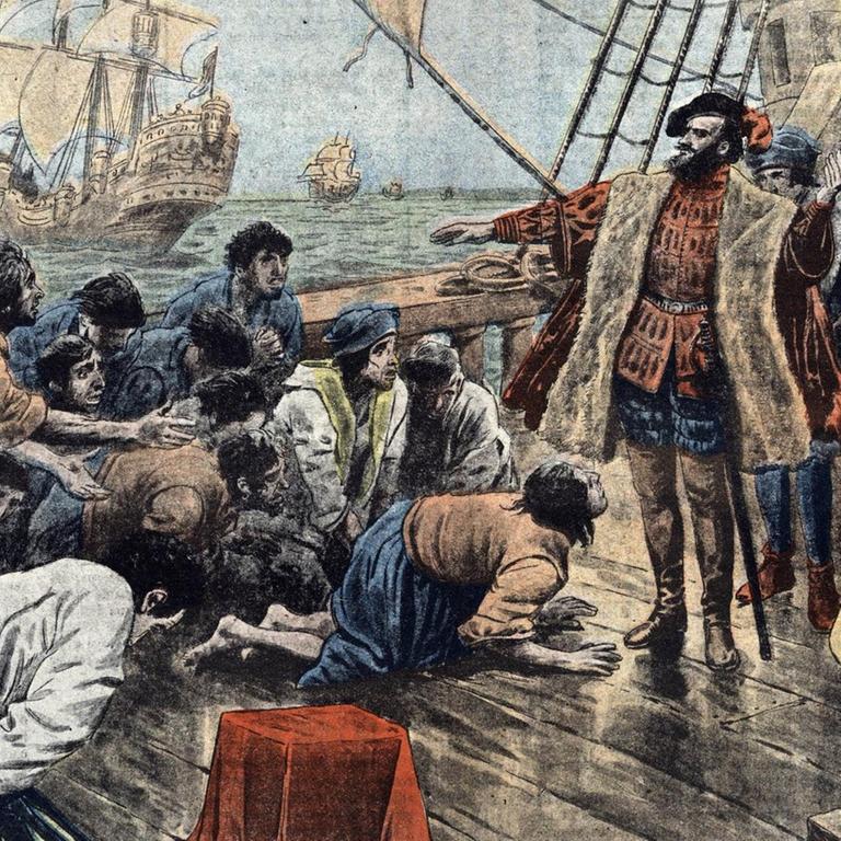 Der Seefahrer und Entdecker Fernand de Magellan (1480-1521) greift durch 1520, als es zu einer Meuterei während der Reise der ersten Erdumrundung kommt.