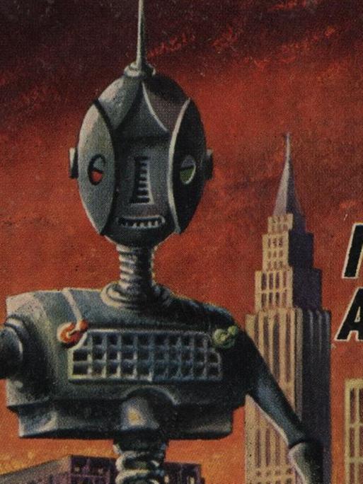 Ein Robotor vor Skyline: Buchcover von "I, Robot" von Isaac Asimov, erschienen 1958.