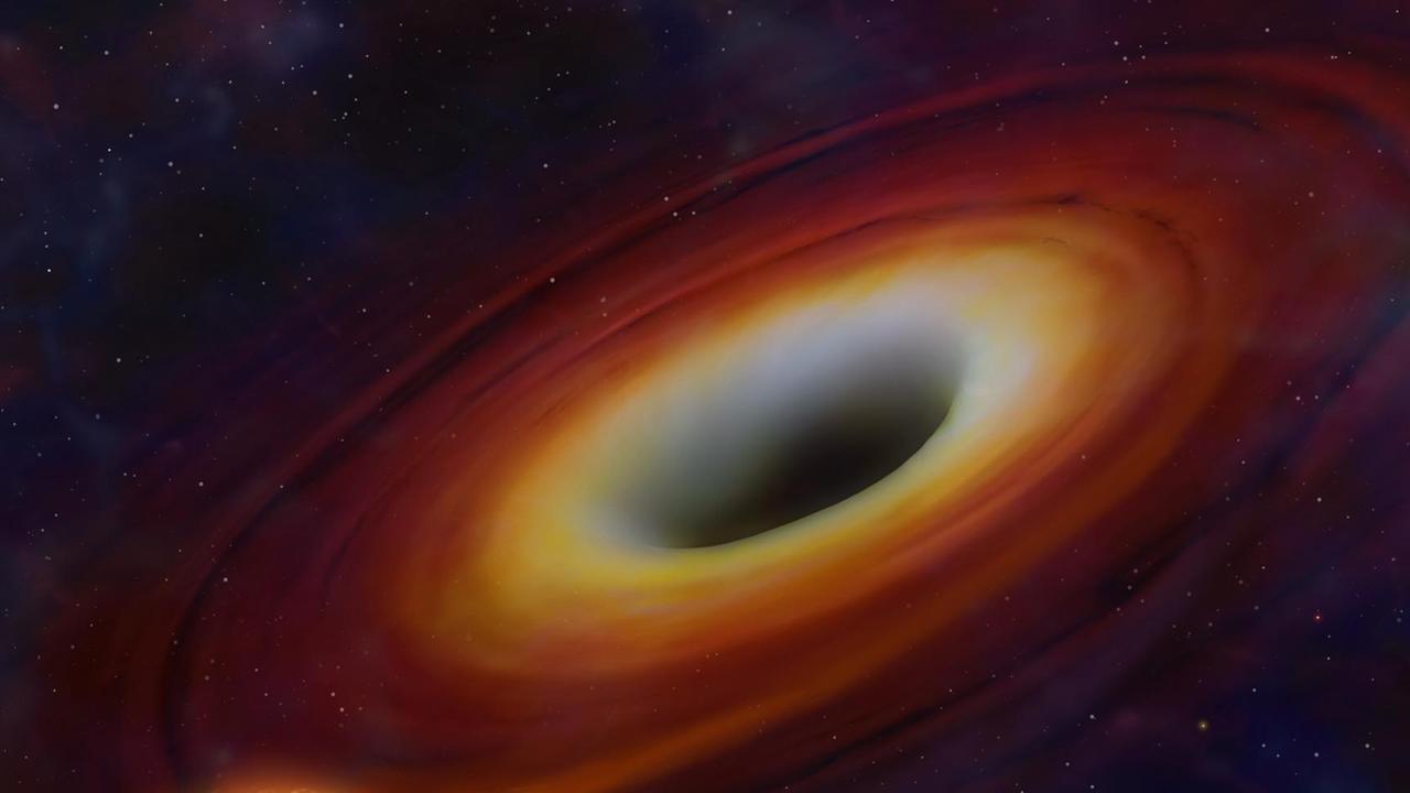 Die grafische Darstellung zeigt einen Stern, der von einem massereichen Schwarzen Loch im Weltall eingesogen und zerrissen wird. Die grafische Darstellung zeigt einen Stern, der von einem massereichen Schwarzen Loch im Weltall eingesogen und zerrissen wird.