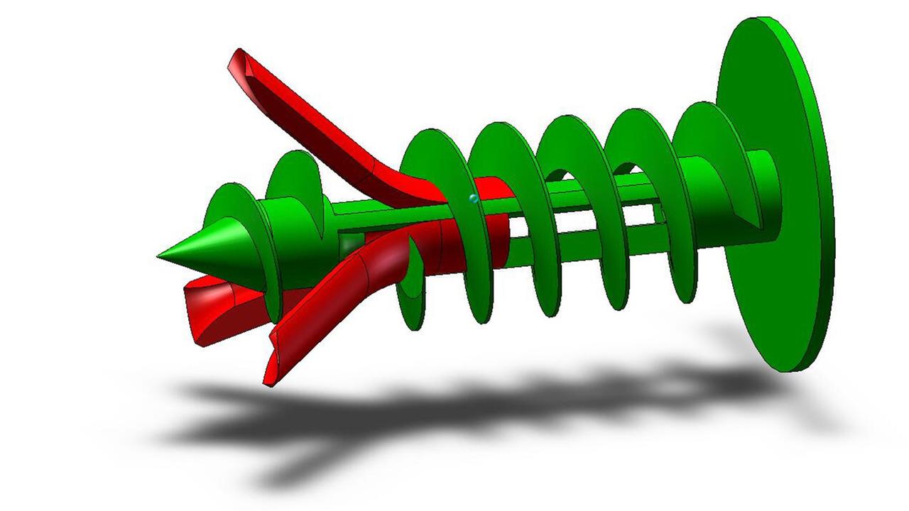 Modell eines mithilfe der Bionik generierten Dübels (oder Befestigungssystems). Der Grundkörper ist grün eingefärbt, die vom Vorbild Zikade abstrahierten Seitenarme sind rot hervorgehoben