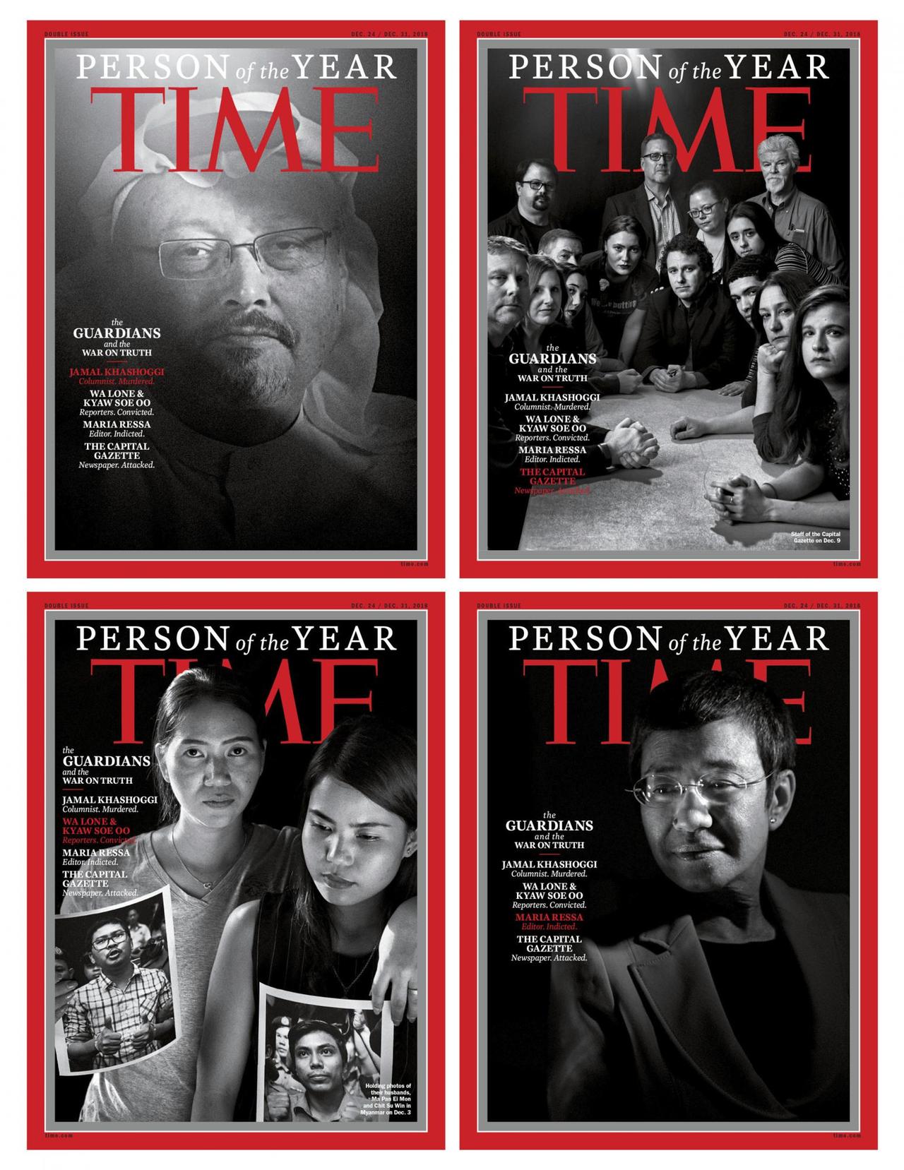 Vier Cover des "Time Magazine" zeigen Journalisten und Journalistinnen, die 2018 als "guardians and the war on truth" zur "Person of the Year" ernannt wurden: Jamal Khashoggi (oben links), Mitglieder der "Capital Gazette" aus Annapolis (oben rechts), Wa Lone and Kyaw Soe Oo (unten links) und Maria Ressa (unten rechts) . 