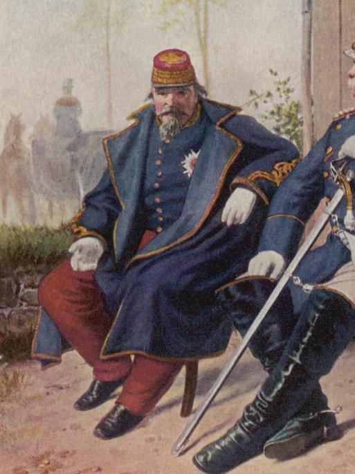 Nacht der Schlacht bei Sedan: Ein Gemälde zeigt den siegrreichen Bismarck im Gespräch mit dem unterlegenen Napoleon III., (gemalt von Camphausen).