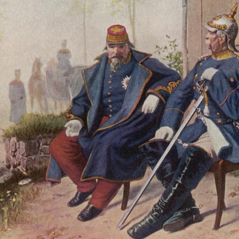 Nacht der Schlacht bei Sedan: Ein Gemälde zeigt den siegrreichen Bismarck im Gespräch mit dem unterlegenen Napoleon III.,  (gemalt von Camphausen).
