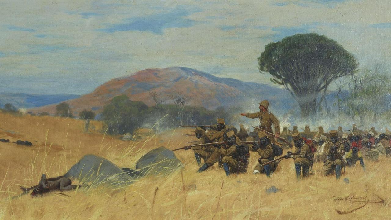 Wilhelm Kuhnert, Schlacht von Mahenge, o. J., Öl auf Leinwand, 30 × 60 cm, Sammlung Philipp Spangenberg