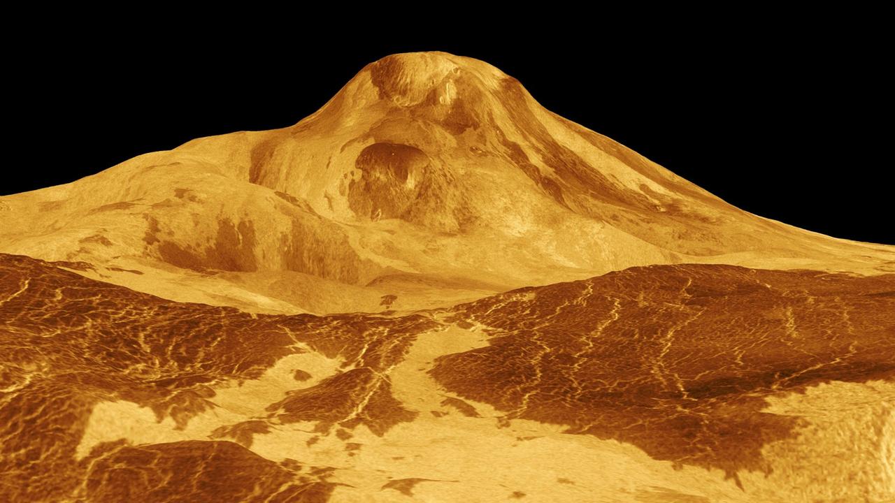 Womöglich sind die Vulkane (dieses Radarbild des acht Kilometer hohen Maat Mons zeigt die Höhen stark übertrieben an) auf der Venus noch aktiv und stoßen viel Gas in die Atmosphäre aus.