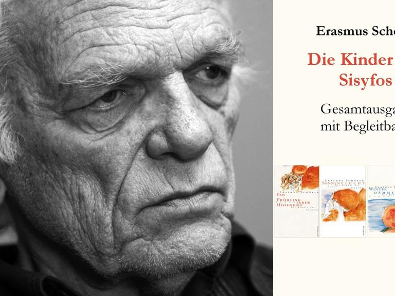Zu sehen ist der Autor Erasmus Schöfer und das Cover seines Buches "Die Kinder des Sisyfos".