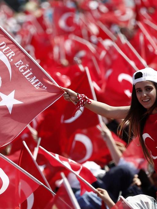 Demonstranten mit Erdogan-Fahne auf einer Kundgebung in Istanbul (07.08.2016).
