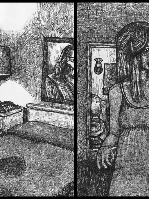 Zwei Tuschezeichnungen: Sie zeigen ein leeres Motelzimmer und eine junge Frau in einem Motelzimmer.