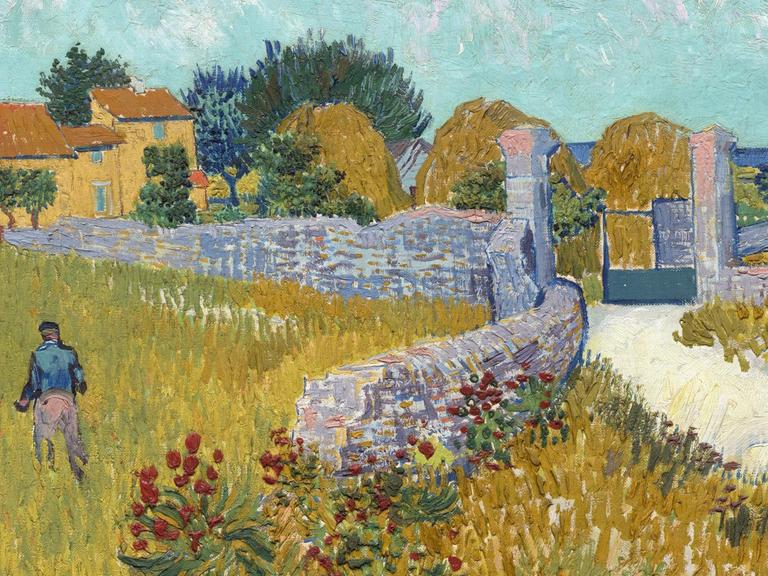 Das Bild "Bauernhaus in der Provence" von can Gogh: Grüne Wiesen, im Hintergrund sieht man ein Bauernhaus, Ölgemälde.