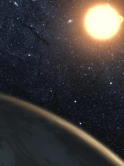 Dieses Kunstwerk zeigt Kepler-16b, der erste Planet, von dem man sicher sagen konnte, dass er zwei Sternen umkreist. Der Planet im Vordergrund wurde von der Kepler-Mission entdeckt.