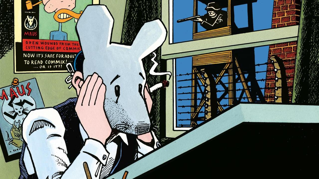 Zeichnung aus den berühmten "Maus"-Büchern von Art Spiegelman. Eine Maus sitzt am Zeichentisch und stützt das Gesicht in die Hände. Spiegelman hat sich in dem Comic selbst als Maus dargestellt.