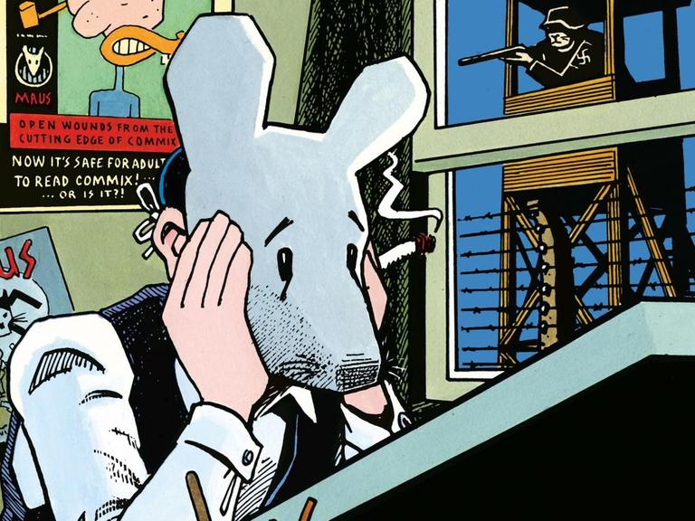 Zeichnung aus den berühmten "Maus"-Büchern von Art Spiegelman. Eine Maus sitzt am Zeichentisch und stützt das Gesicht in die Hände. Spiegelman hat sich in dem Comic selbst als Maus dargestellt.