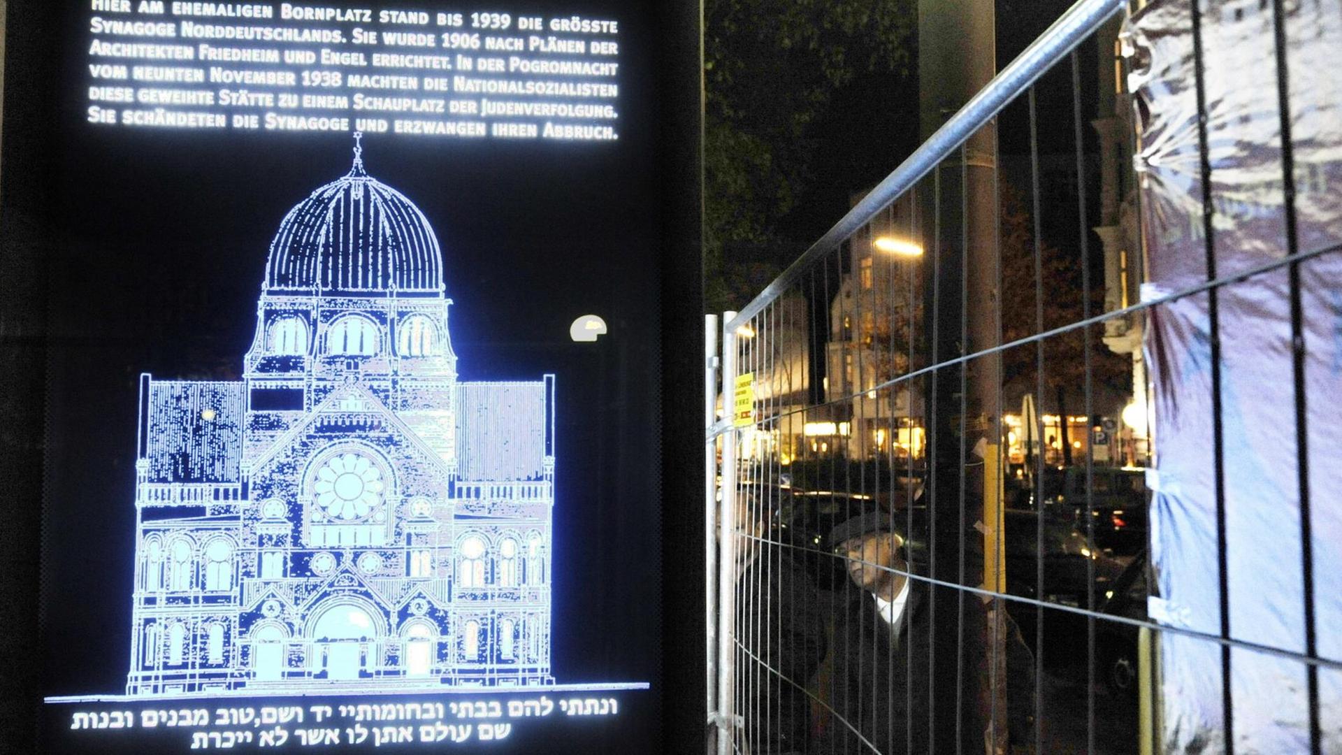 Eine Lichtinstallation vom November 2018 erinnert an die von den Nazis zerstörte Synagoge am früheren Bornplatz in Hamburg