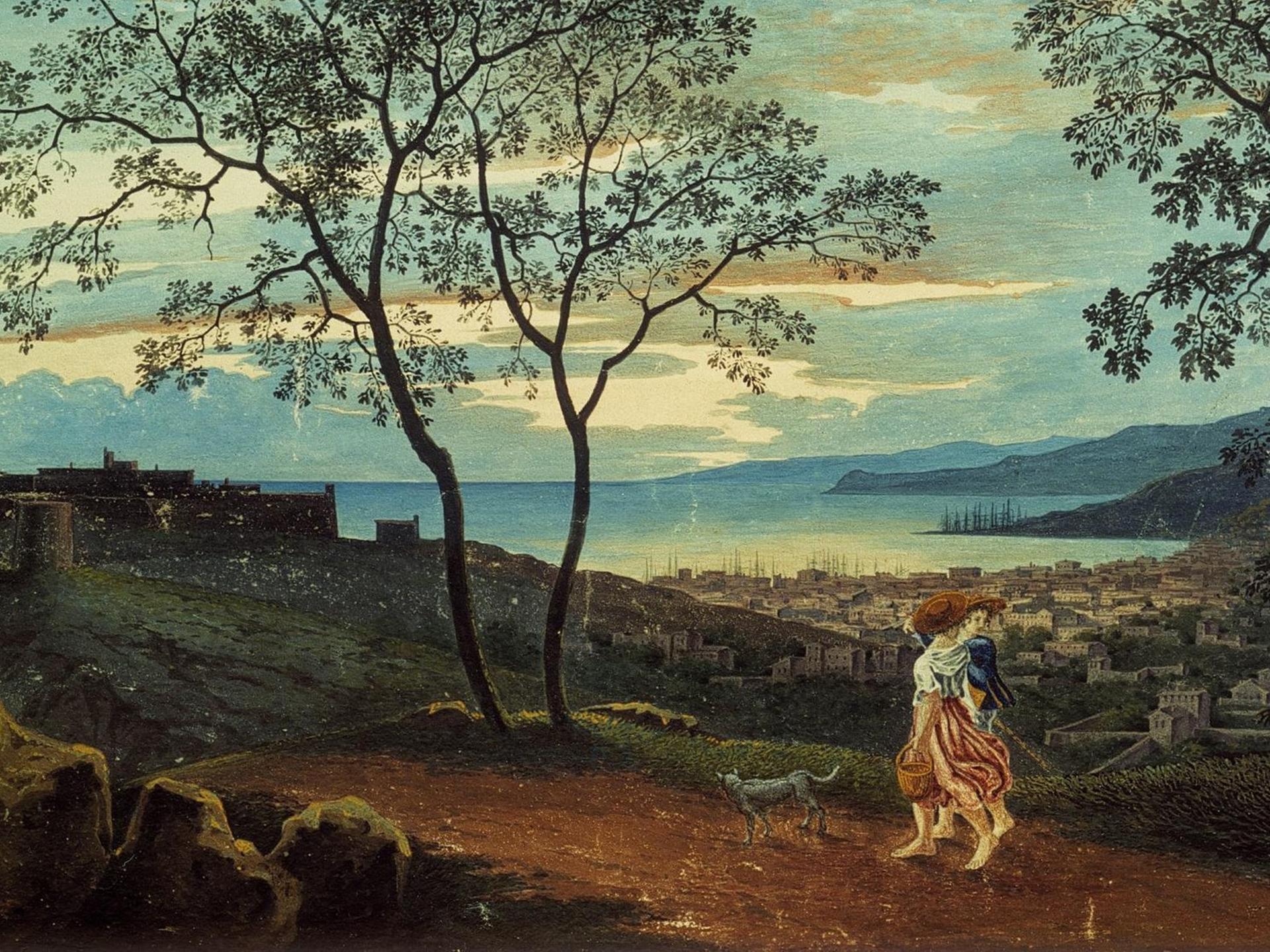 Karl Friedrich Schinkels Aquarell "Blick von den Höhen hinter Triest über die Stadt auf das Meer" (1803). Karl Friedrich Schinkels Aquarell "Blick von den Höhen hinter Triest über die Stadt auf das Meer" (1803).