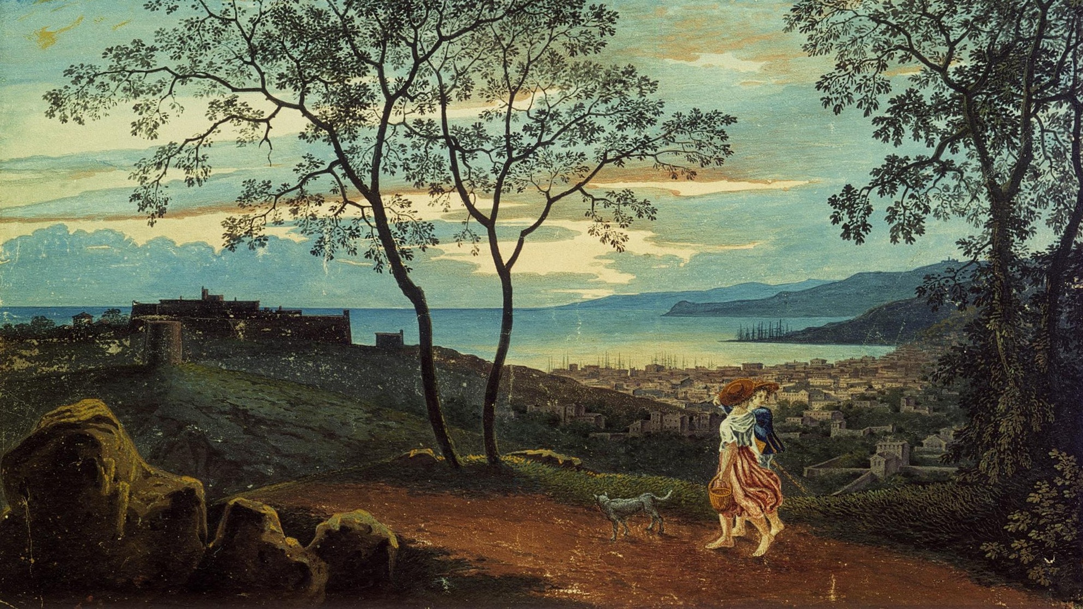 Karl Friedrich Schinkels Aquarell "Blick von den Höhen hinter Triest über die Stadt auf das Meer" (1803).