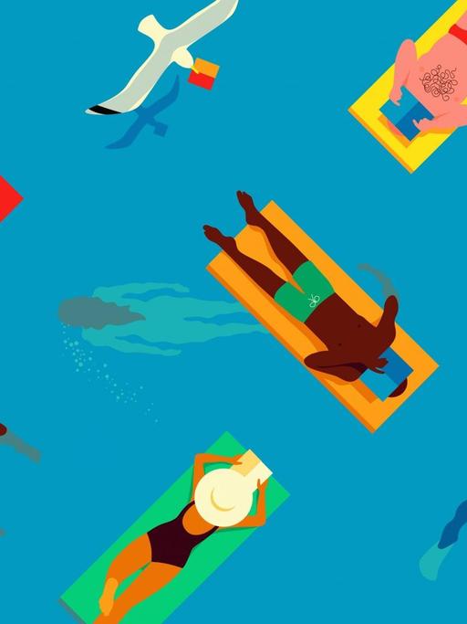 Grafik: Urlauber treiben auf Luftmatratzen oder Schwimmringen auf dem Wasser und lesen Bücher.