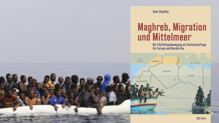 Buchcover; im Hintergrund: Flüchtlinge warten in einem überfüllten Schlauchboot auf Rettung