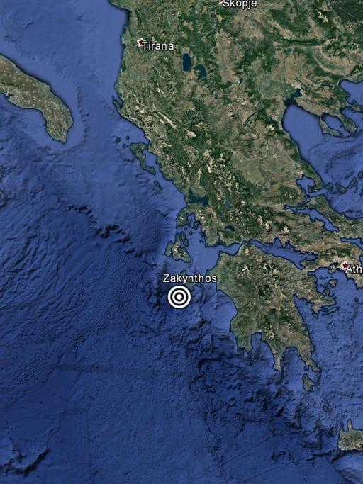 Die Google Earth-Satellitenaufnahme zeigt die griechische Insel Zakynthos und eine Markierung über dem Zentrum eines Erdbebens rund 44 Kilometer westlich von Zakynthos.