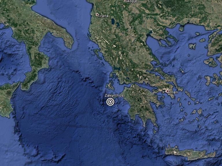 Die Google Earth-Satellitenaufnahme zeigt die griechische Insel Zakynthos und eine Markierung über dem Zentrum eines Erdbebens rund 44 Kilometer westlich von Zakynthos.