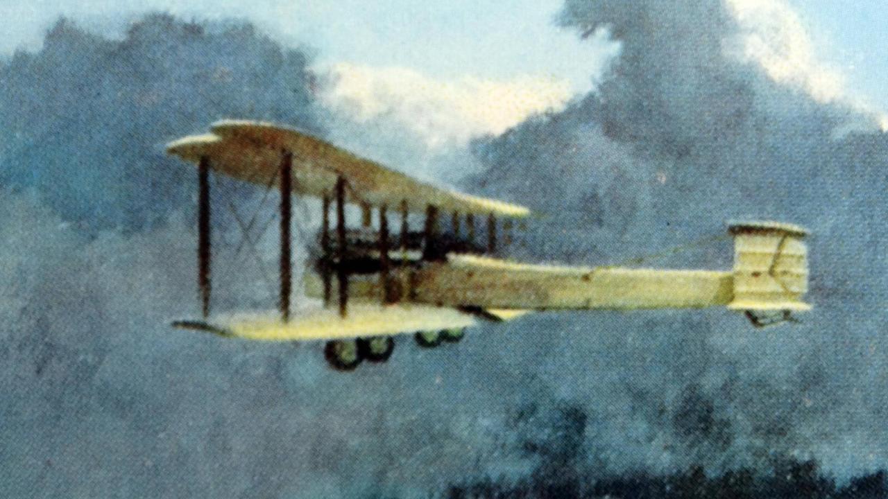 Coloriertes Foto eines Vickers Vimy Bombers, mit dem John Alcock und Arthur Brown geflogen