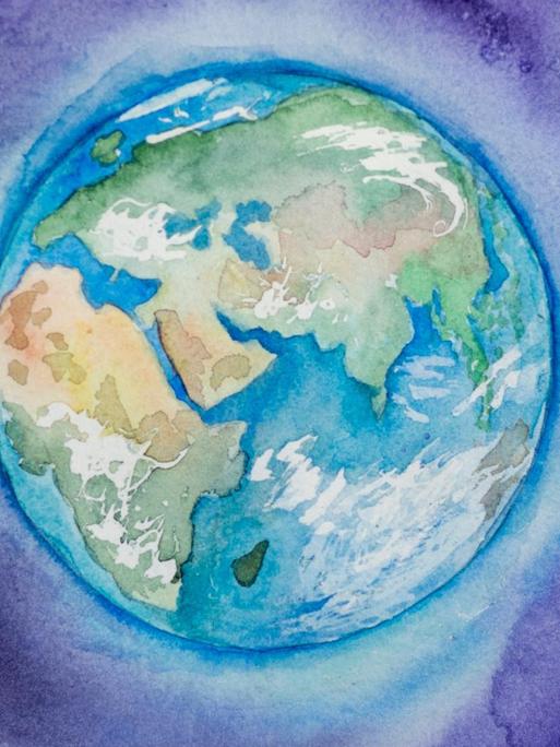 Illustration der Erde aus dem Weltraum aus gesehen in Aquarellfarben.