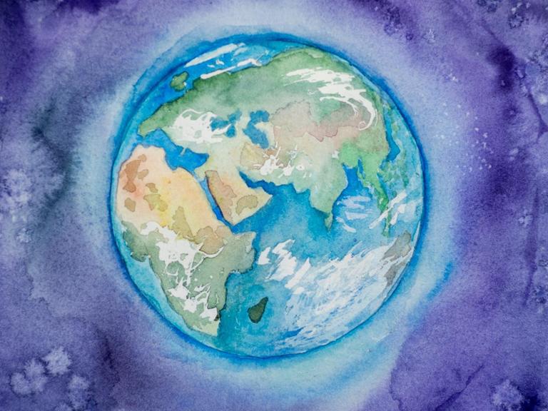 Illustration der Erde aus dem Weltraum aus gesehen in Aquarellfarben.
