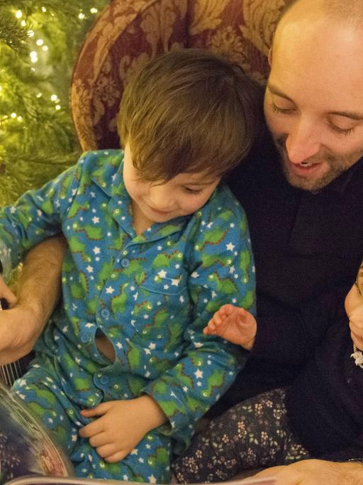 Ein Vater liest mit seinen zwei Kindern auf dem Schoß in einem Buch. Hinter ihnen steht der Weihnachtsbaum.