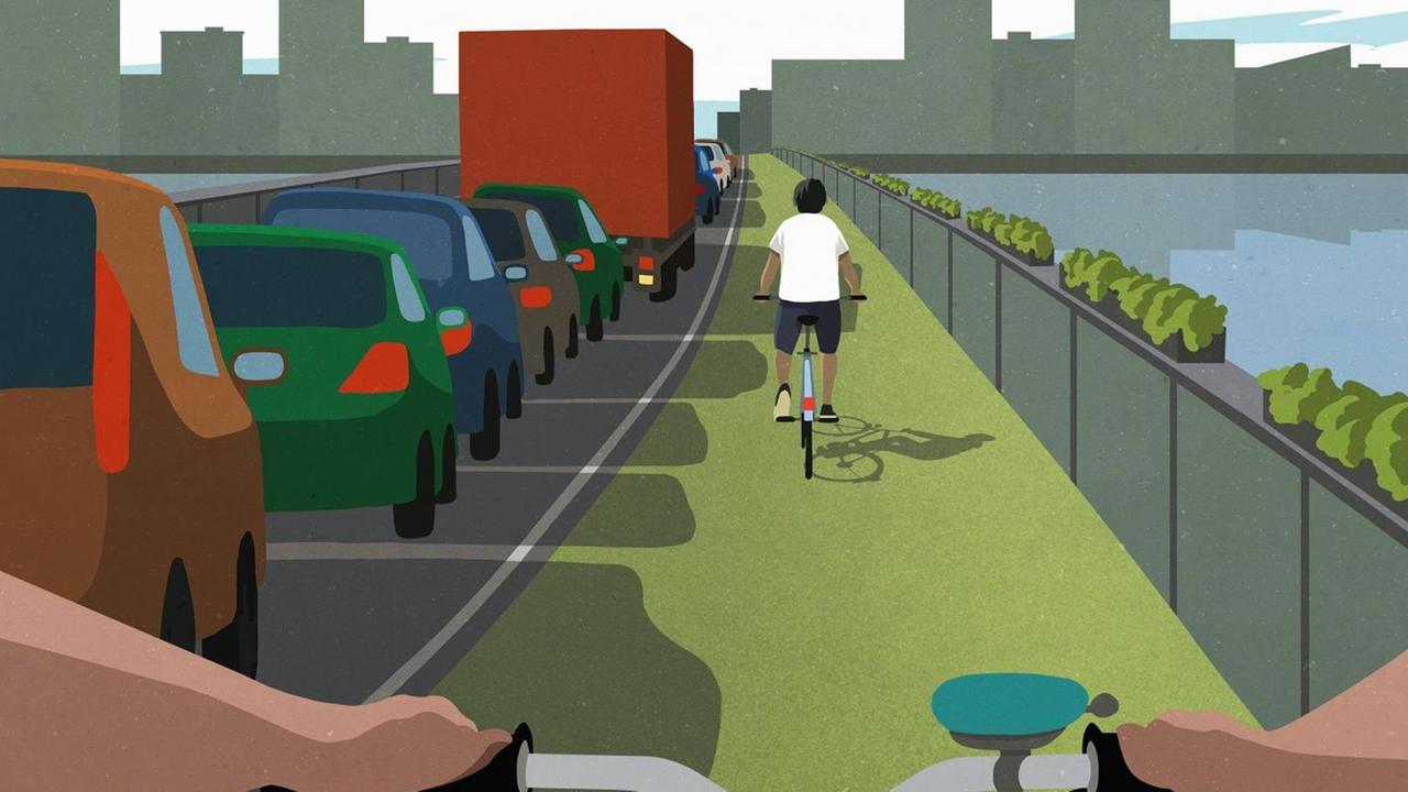Illustration einer Straße. Links eine Autoschlange, rechts eine Person auf einem Fahrrad.