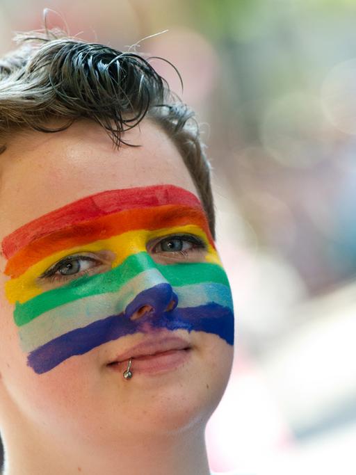 Eine Teilnehmerin des Christopher Street Day hat am 27.07.2013 in Stuttgart eine Regenbogenfahne auf ihr Gesicht gemalt.