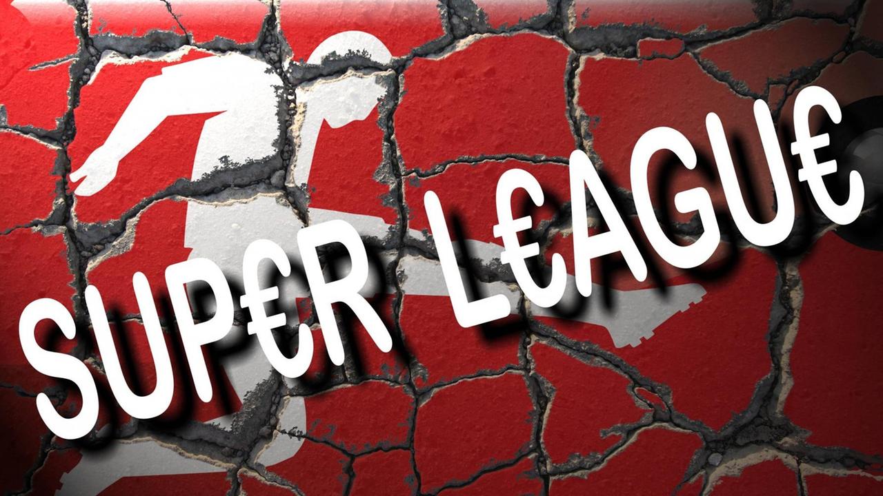 Fotomontage zu der von den Top-Vereinen Europas möglicherweise geplanten Super League: erodierendes Logo der DFL Deutsche Fußball Liga Bundesliga mit Schriftzug Super League Fotomontage zu der von den Top-Vereinen Europas möglicherweise geplanten Super League: erodierendes Logo der DFL Deutsche Fußball Liga Bundesliga mit Schriftzug Super League