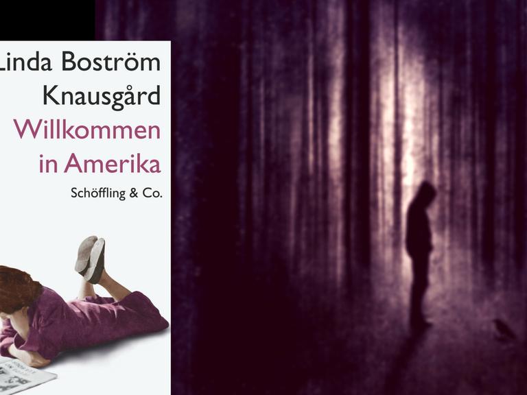 Im Vordergrund das Cover von Linda Boström Knausgårds "Willkommen in Amerika", im Hintergrund ein dunkler Wald.