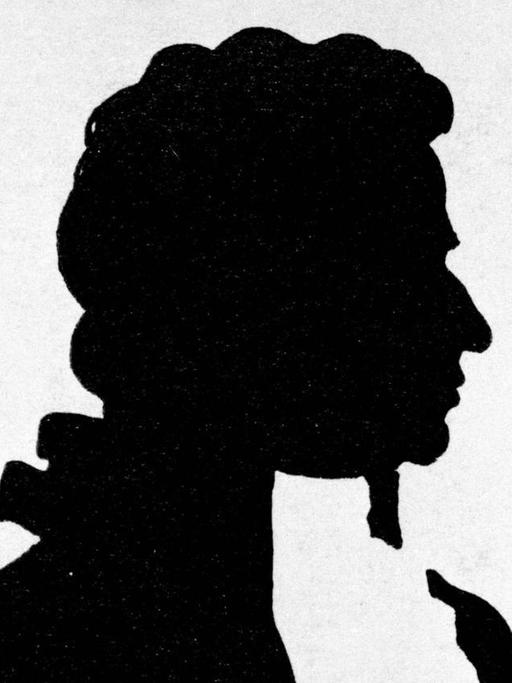 Ein Schattenbild zeigt die Gesichtszüge des Komponisten mit typischer Zopffrisur und Rüschenschmuck am Mantelkragen.