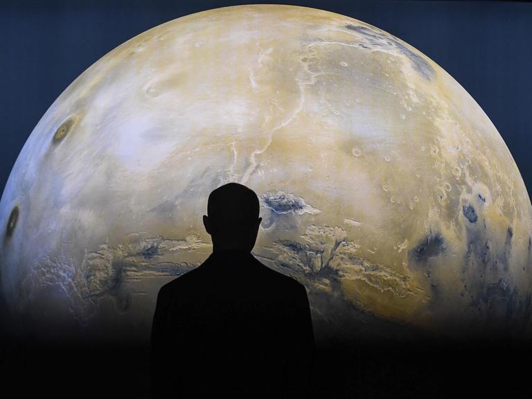 In einer Londoner Ausstellung wird der Mars gezeigt und davor ist der Schatten eines Besuchers zu sehen.