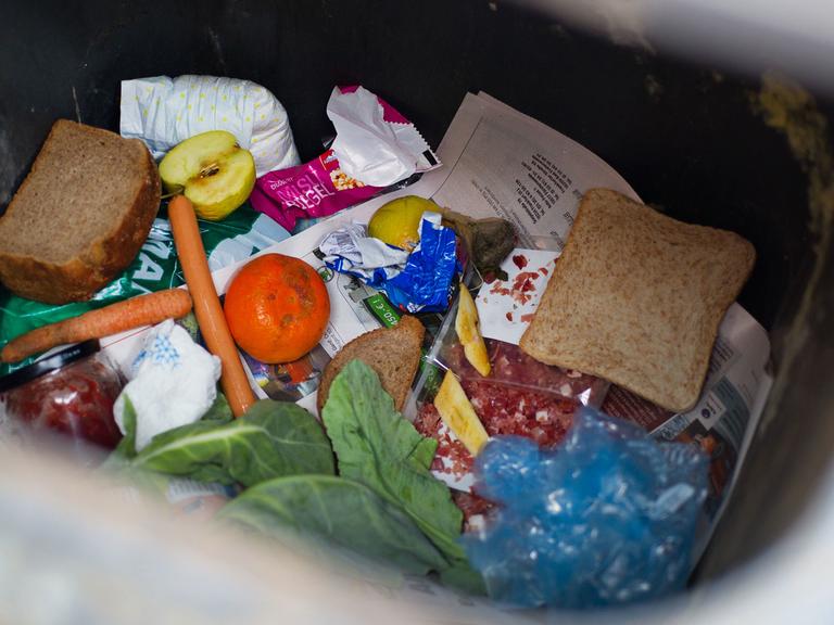 Lebensmittel liegen in einer Mülltonne