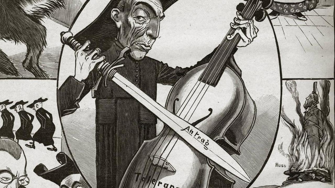 Karikatur einer Person, die mit einem Schwert auf einem Cello mit der Aufschrift "Antrag Toleranz" spielt.