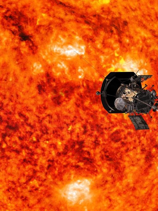 Die Illustration der NASA zeigt die Parker Solar Sonde, die sich mit einem Raketenträger der Sonne nähert.