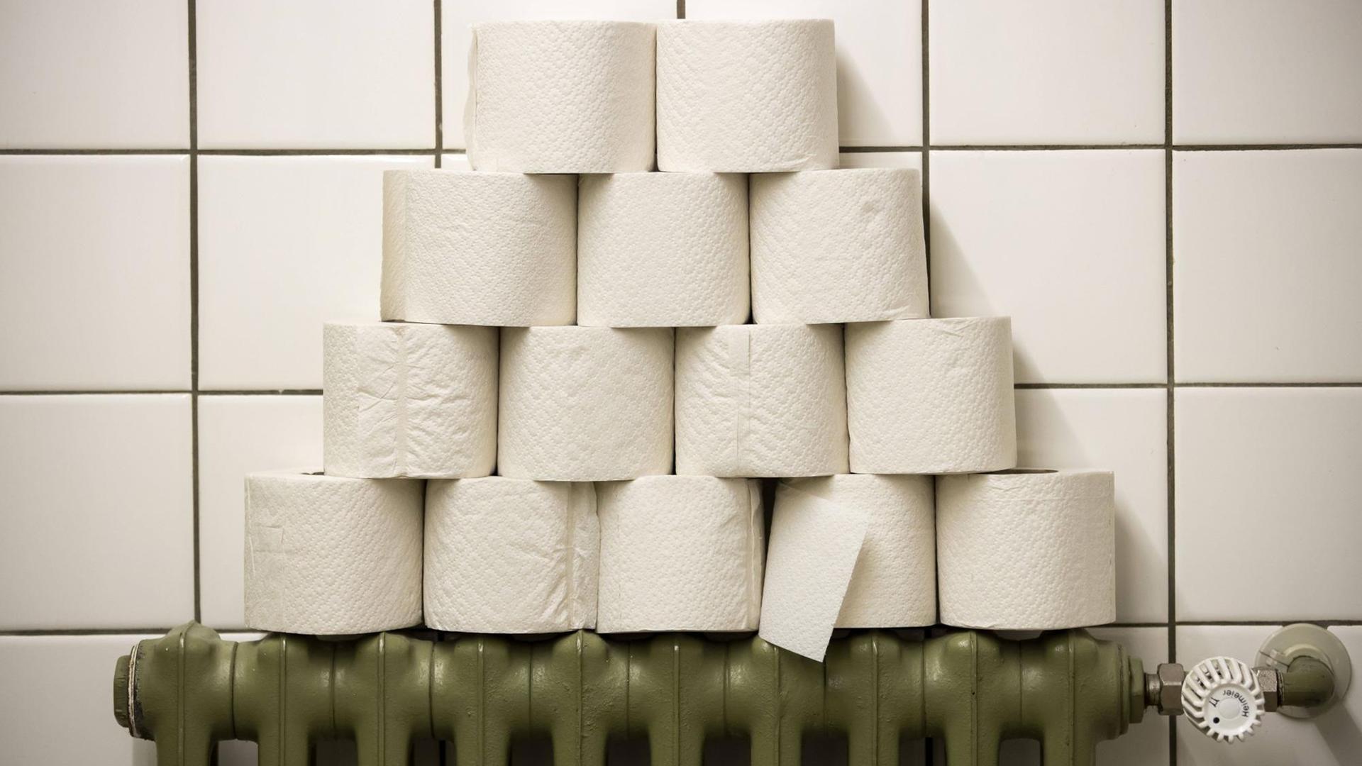 Gestapelte Toilettenpapierrollen auf dem Heizkörper einer öffentlichen Toilette