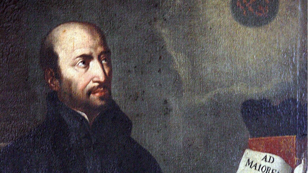 Der katholische Ordensstifter der Jesuiten, Ignatius von Loyola auf einem reproduzierten Ölgemälde. Er wurde 1491 geboren und verstarb am 31.07.1556 in Rom.