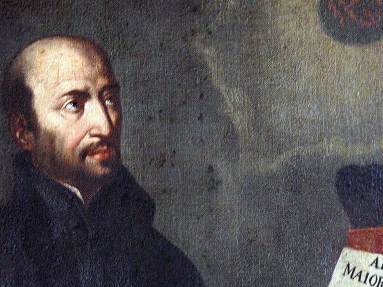 Der katholische Ordensstifter der Jesuiten, Ignatius von Loyola auf einem reproduzierten Ölgemälde. Er wurde 1491 geboren und verstarb am 31.07.1556 in Rom.