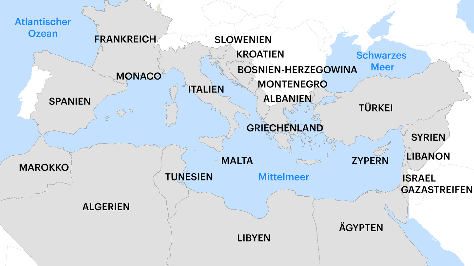 Die Anrainerstaaten sind grau gekennzeichnet, das Meer blau. Alles anderen Länder sind weiß dargestellt. Die Anrainerstaaten sind grau gekennzeichnet, das Meer blau. Alles anderen Länder sind weiß dargestellt.