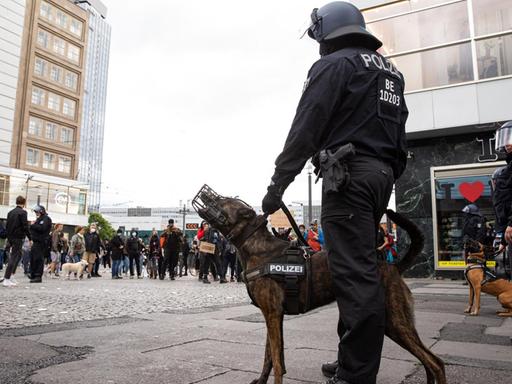 Polizeibeamte auf dem Alexanderplatz in Berlin bei der "Silent-Demo" anlässlich des Todes von George Floyd