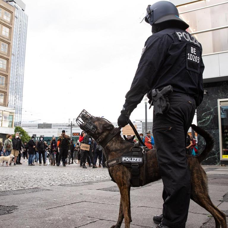 Polizeibeamte auf dem Alexanderplatz in Berlin bei der "Silent-Demo" anlässlich des Todes von George Floyd