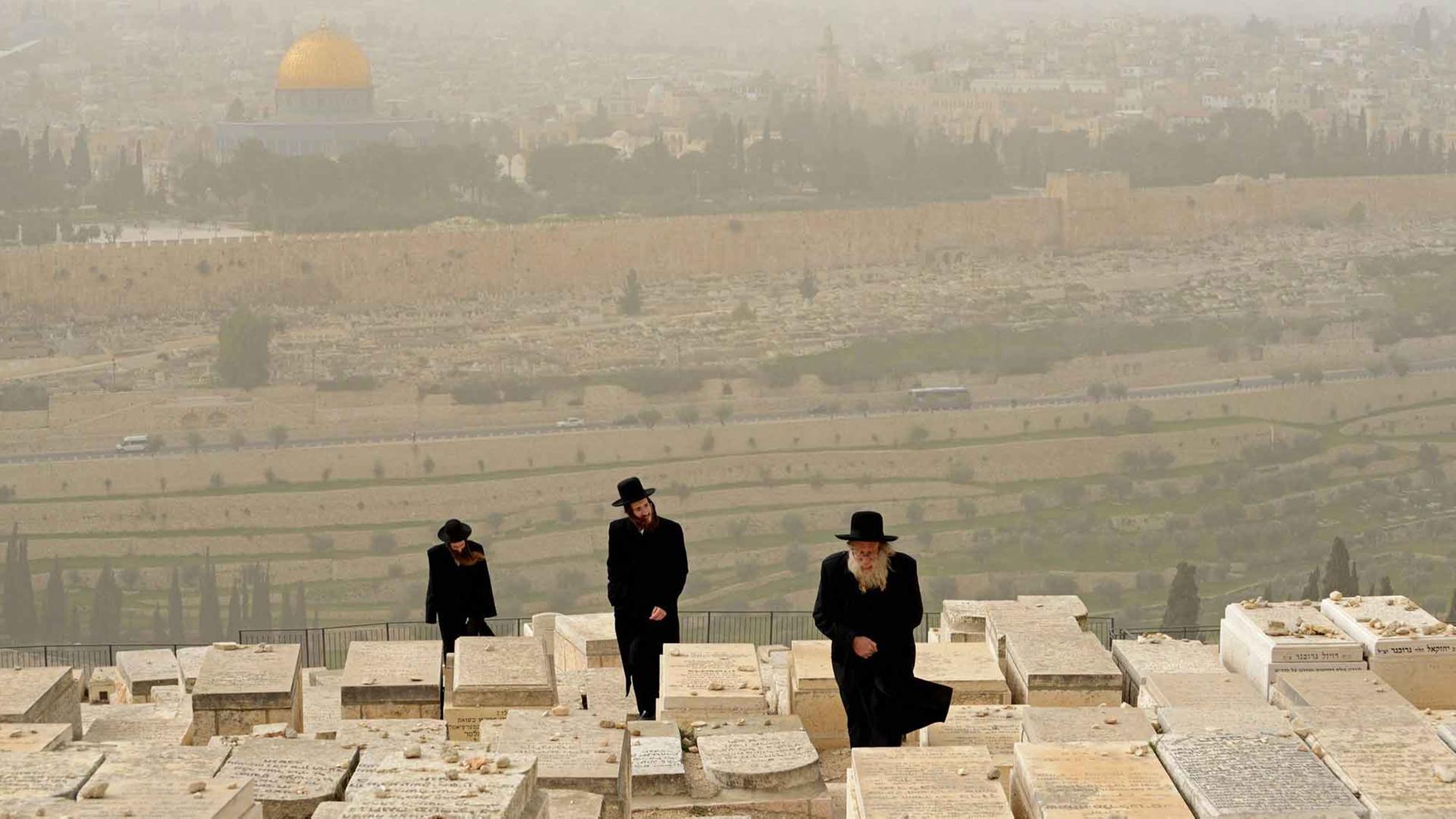 Ultra-orthodoxe Juden auf einem Friedhof auf dem Ölberg in Jerusalem, im Hintergrund der Felsendom.