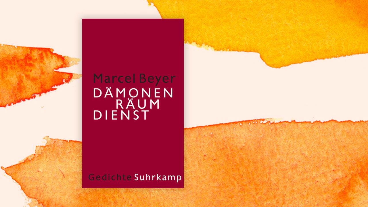 Das Cover von Marcel Beyers „Dämonenräumdienst“ vor Deutschlandfunk Kultur Hintergrund.