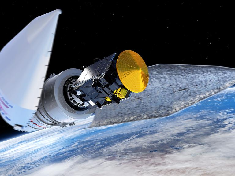 Bei der Abtrennung der Nutzlastverkleidung während der Startphase der ExoMars-Mission tritt der Spurengas-Orbiter und das Wok-förmige Lande-Modul Schiaparelli zum Vorschein (künstlerische Darstellung)