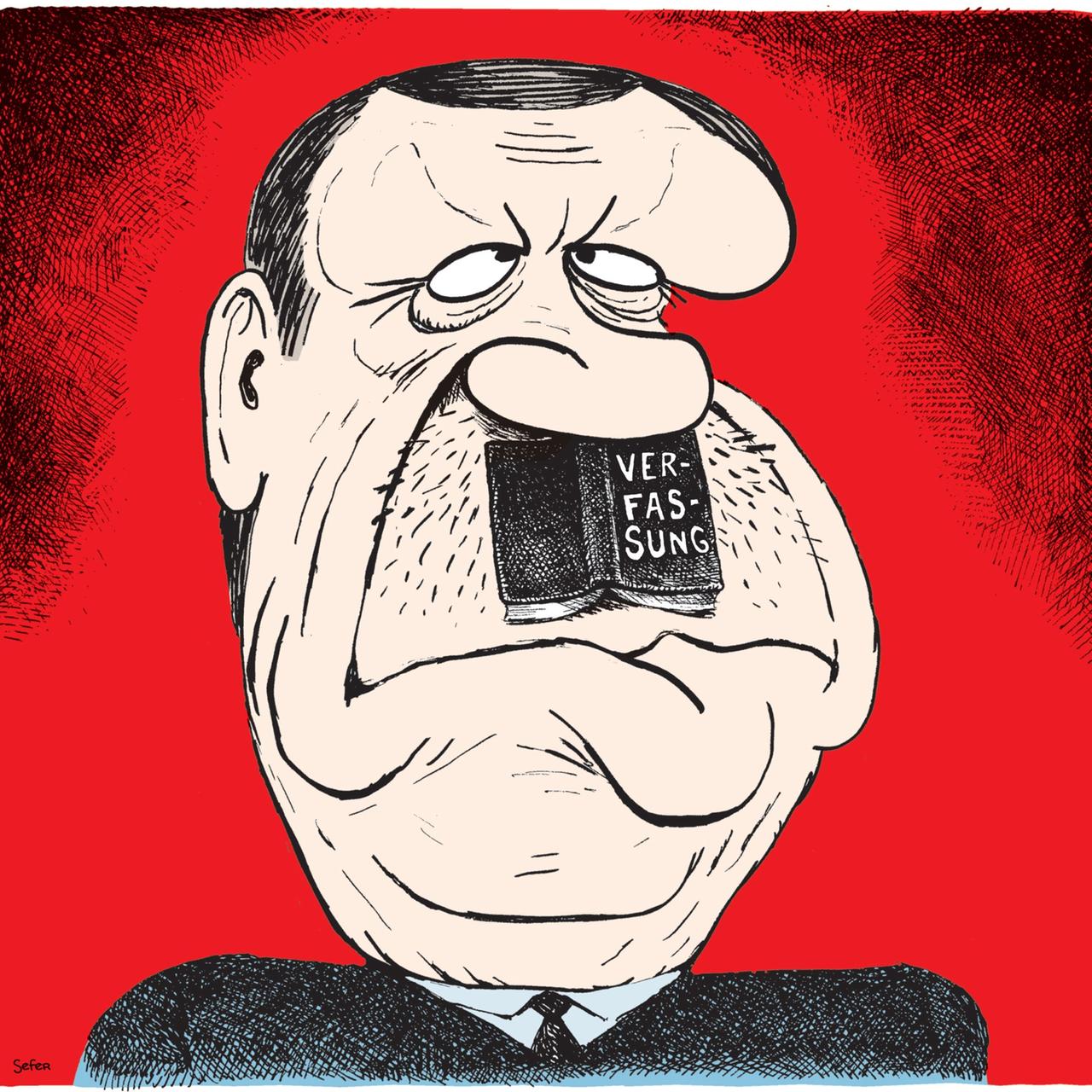 Erdogan mit der Verfassung als Hitlerbärtchen