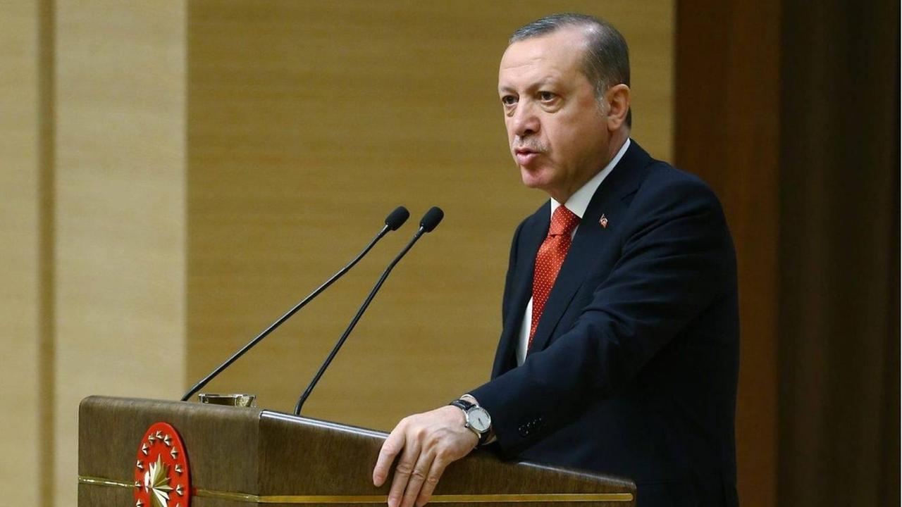 Der türkische Präsident Recep Tayyip Erdogan äußert sich im Präsidentenpalast in der türkischen Hauptstadt Ankara zur Situation in Syrien.
